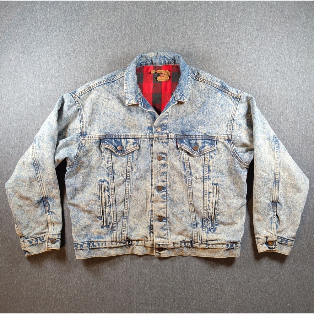 80s Levis Denim Jacket Acid Wash Red Plaid Flannel Trucker Sz L 70417 0819 USA